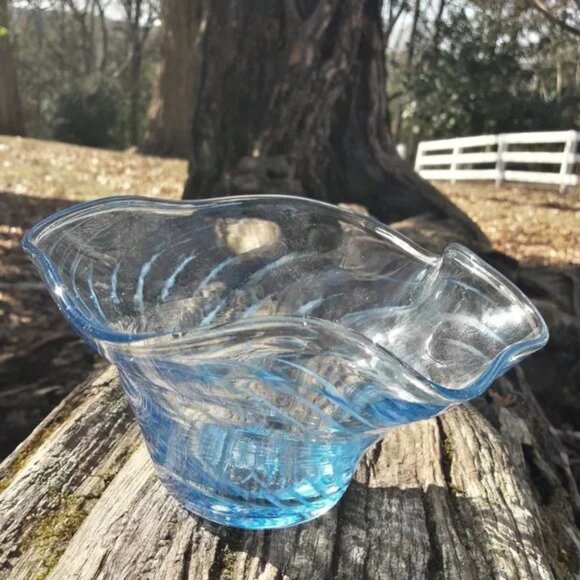Murano Glass Art Bowl Bubbles Swirls of Blue Glass Clear Signed by Artist italy - Picture 8 of 16